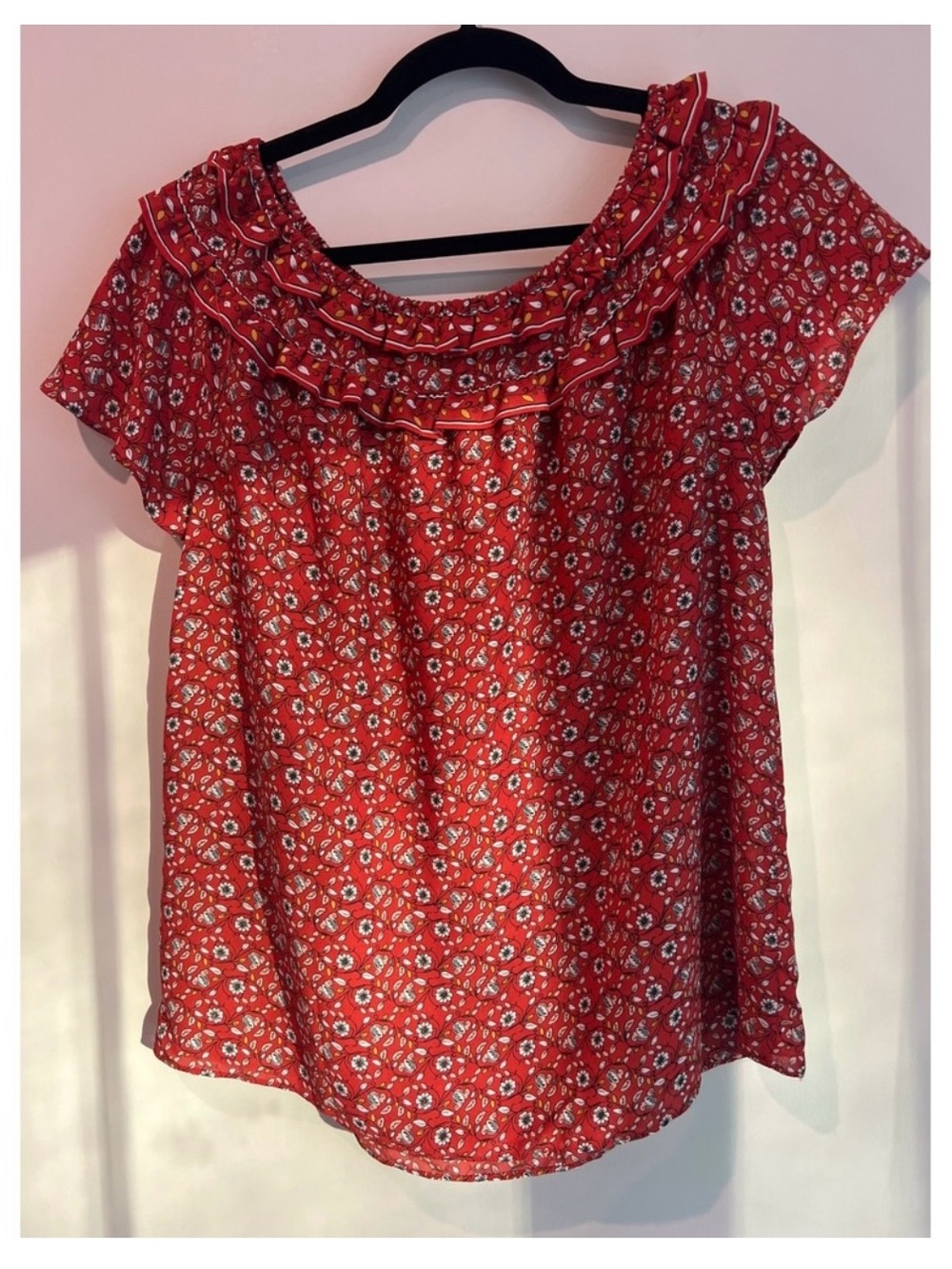 Max Studio Red Floral Ruffle-Yoke Blouse - Picture 3 of 7